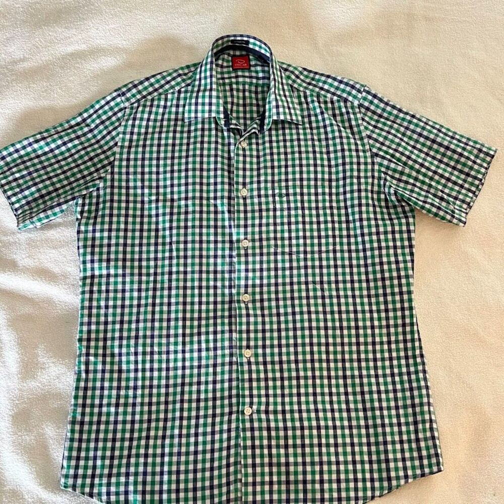 Oscar by Oscar de la Renta Men's SHort Sleeved Shirt Green Blue Check, Size M